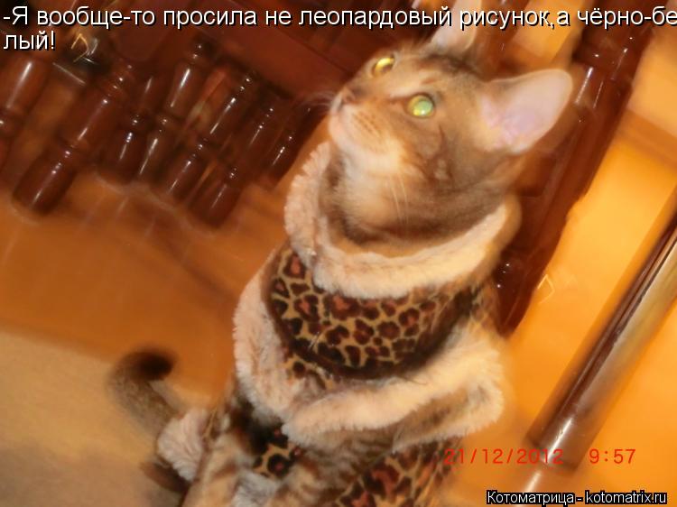 -Я вообще-то просила не леопардовый рисунок,а чёрно-бе- лый!... Котоматрица: -Я вообще-то просила не леопардовый рисунок,а чёрно-бе- лый!