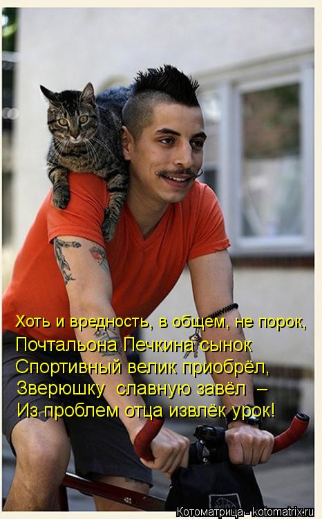 Хоть и вредность, в общем, не порок, Почтальона Печкина сынок Спортивный велик приобрёл, Зверюшку с... Котоматрица: Хоть и вредность, в общем, не порок, Почтальона Печкина сынок Спортивный велик приобрёл, Зверюшку славную завёл – Из проблем отца извлёк у
