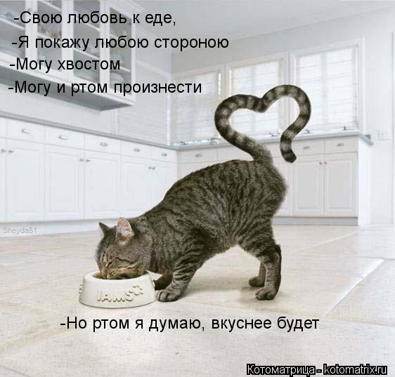 -Свою любовь к еде, -Я покажу любою стороною -Могу хвостом -Могу и ртом произнести -Но ртом я дума... Котоматрица: -Свою любовь к еде, -Я покажу любою стороною -Могу хвостом -Могу и ртом произнести -Но ртом я думаю, вкуснее будет