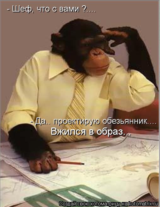 - Шеф, что с вами ?.... - Да.. проектирую обезьянник.... Вжился в образ...... Котоматрица: - Шеф, что с вами ?.... - Да.. проектирую обезьянник.... Вжился в образ...