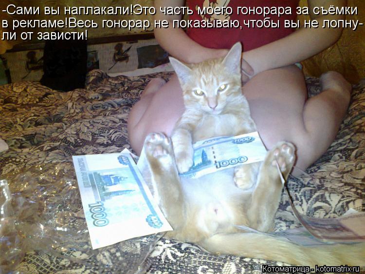 -Сами вы наплакали!Это часть моего гонорара за съёмки в рекламе!Весь гонорар не показываю,чтобы вы не... Котоматрица: -Сами вы наплакали!Это часть моего гонорара за съёмки в рекламе!Весь гонорар не показываю,чтобы вы не лопну- ли от зависти!
