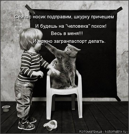 Сейчас носик подправим, шкурку причешем И будешь на "человека" похож! Весь в меня!!! И можно загранпа... Котоматрица: Сейчас носик подправим, шкурку причешем И будешь на "человека" похож! Весь в меня!!! И можно загранпаспорт делать.