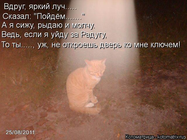 Вдруг, яркий луч..... Сказал: "Пойдём......." А я сижу, рыдаю и молчу. Ведь, если я уйду за Радугу, Т... Котоматрица: Вдруг, яркий луч..... Сказал: "Пойдём......." А я сижу, рыдаю и молчу. Ведь, если я уйду за Радугу, То ты....., уж, не откроешь дверь ко мне ключем!