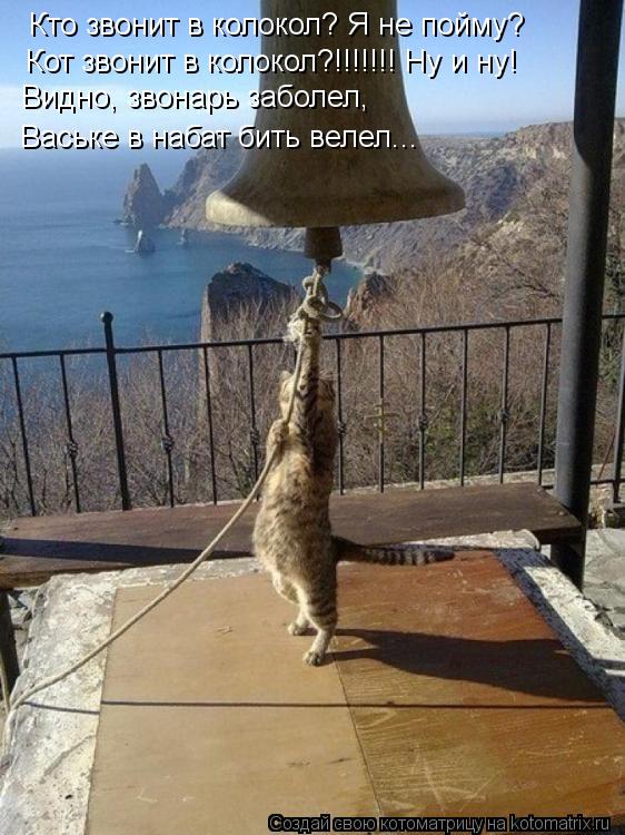 Кто звонит в колокол? Я не пойму? Кот звонит в колокол?!!!!!!! Ну и ну! Видно, звонарь заболел, Васьк... Котоматрица: Кто звонит в колокол? Я не пойму? Кот звонит в колокол?!!!!!!! Ну и ну! Видно, звонарь заболел, Ваське в набат бить велел...