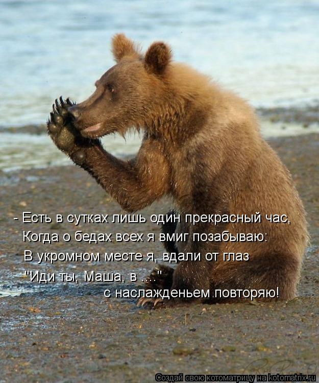 - Есть в сутках лишь один прекрасный час, Когда о бедах всех я вмиг позабываю: В укромном месте я, вд... Котоматрица: - Есть в сутках лишь один прекрасный час, Когда о бедах всех я вмиг позабываю: В укромном месте я, вдали от глаз "Иди ты, Маша, в ...." с наслажден