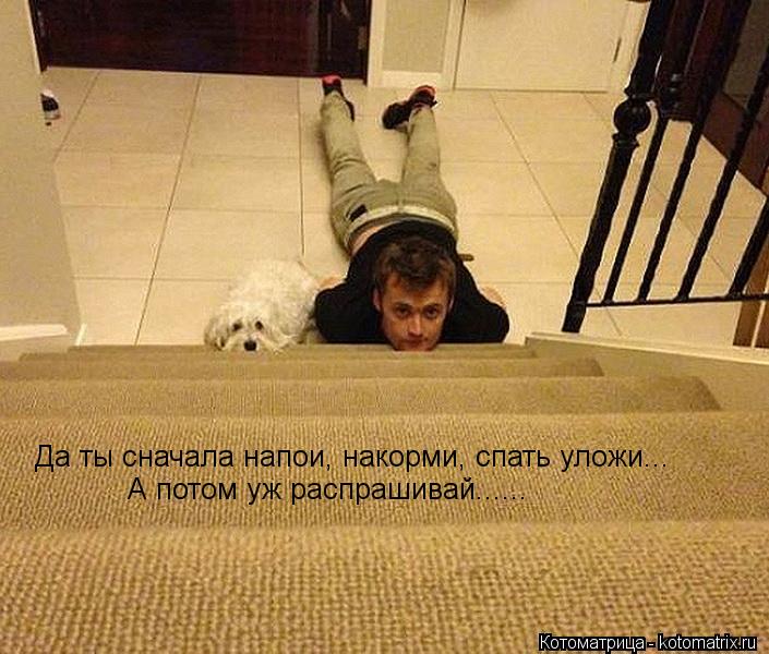 Да ты сначала напои, накорми, спать уложи... А потом уж распрашивай......... Котоматрица: Да ты сначала напои, накорми, спать уложи... А потом уж распрашивай......