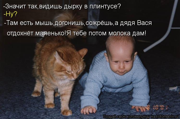 -Значит так,видишь дырку в плинтусе? -Ну? -Там есть мышь,догонишь,сожрёшь,а дядя Вася отдохнёт малень... Котоматрица: -Значит так,видишь дырку в плинтусе? -Ну? -Там есть мышь,догонишь,сожрёшь,а дядя Вася отдохнёт маленько!Я тебе потом молока дам!