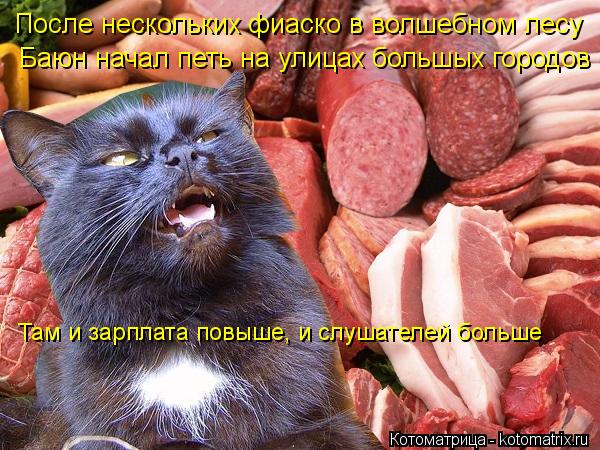 После нескольких фиаско в волшебном лесу Баюн начал петь на улицах большых городов Там и зарплата пов... Котоматрица: После нескольких фиаско в волшебном лесу Баюн начал петь на улицах большых городов Там и зарплата повыше, и слушателей больше