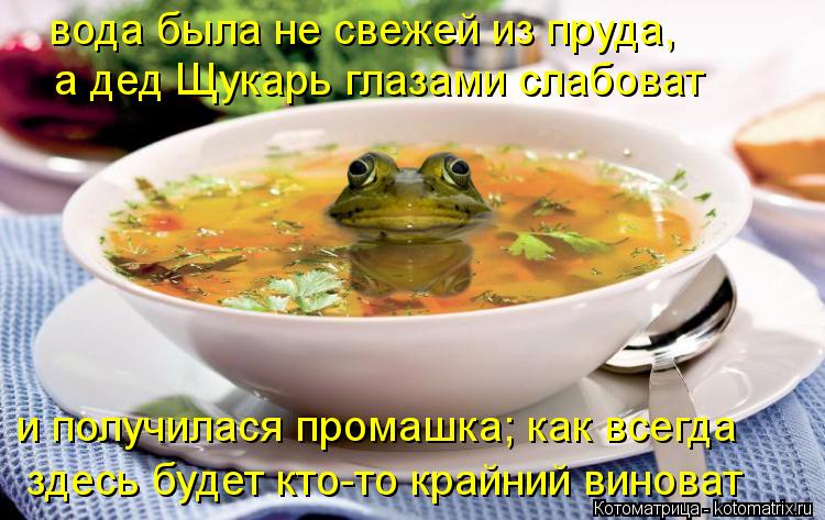 вода была не свежей из пруда, а дед Щукарь глазами слабоват и получилася промашка; как всегда здесь б... Котоматрица: вода была не свежей из пруда, а дед Щукарь глазами слабоват и получилася промашка; как всегда здесь будет кто-то крайний виноват