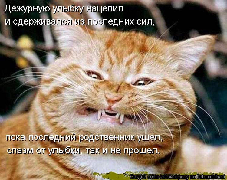 Котоматрица: Дежурную улыбку нацепил  и сдерживался из последних сил, пока последний родственник ушел, спазм от улыбки, так и не прошел.