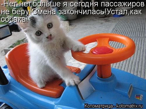 -Нет-нет,больше я сегодня пассажиров не беру!Смена закончилась!Устал,как собака!... Котоматрица: -Нет-нет,больше я сегодня пассажиров не беру!Смена закончилась!Устал,как собака!