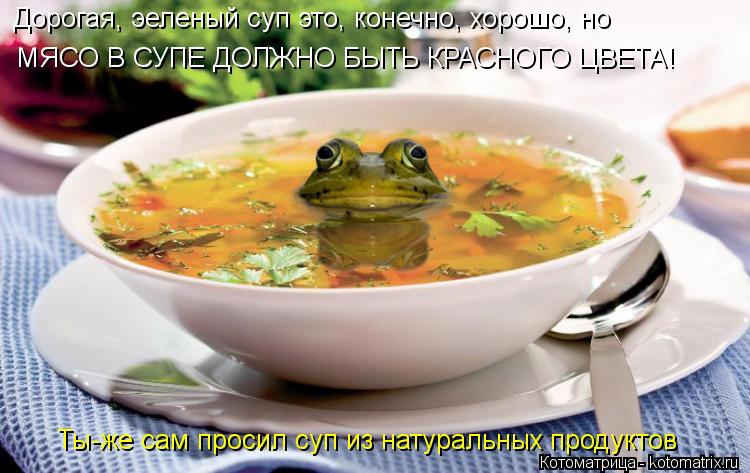 Дорогая, эеленый суп это, конечно, хорошо, но МЯСО В СУПЕ ДОЛЖНО БЫТЬ КРАСНОГО ЦВЕТА! Ты-же сам проси... Котоматрица: Дорогая, эеленый суп это, конечно, хорошо, но МЯСО В СУПЕ ДОЛЖНО БЫТЬ КРАСНОГО ЦВЕТА! Ты-же сам просил суп из натуральных продуктов