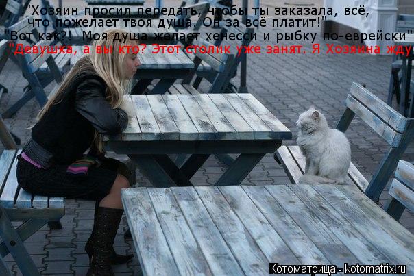 "Хозяин просил передать, чтобы ты заказала, всё, что пожелает твоя душа. Он за всё платит!" "Вот как?... Котоматрица: "Хозяин просил передать, чтобы ты заказала, всё, что пожелает твоя душа. Он за всё платит!" "Вот как?! Моя душа желает хенесси и рыбку по-еврейс