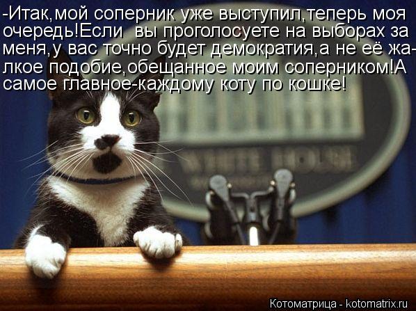 -Итак,мой соперник уже выступил,теперь моя очередь!Если вы проголосуете на выборах за меня,у вас точ... Котоматрица: -Итак,мой соперник уже выступил,теперь моя очередь!Если вы проголосуете на выборах за меня,у вас точно будет демократия,а не её жа- лкое под