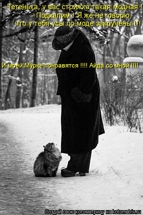 - Тетенька, у вас стрижка такая модная ! - Подхалим ! Я же не говорю, что у тебя усы по моде закручен... Котоматрица: - Тетенька, у вас стрижка такая модная ! - Подхалим ! Я же не говорю, что у тебя усы по моде закручены !!! И моей Мурке понравятся !!!! Айда со мной !