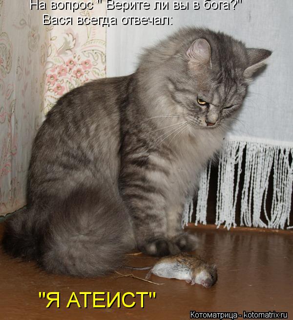 На вопрос " Верите ли вы в бога?" Вася всегда отвечал: "Я АТЕИСТ"... Котоматрица: На вопрос " Верите ли вы в бога?" Вася всегда отвечал: "Я АТЕИСТ"