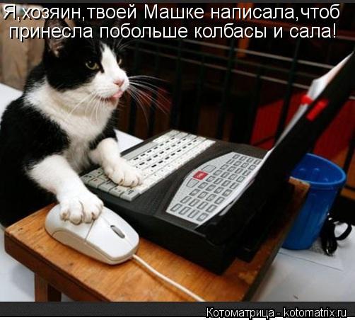 Я,хозяин,твоей Машке написала,чтоб принесла побольше колбасы и сала!... Котоматрица: Я,хозяин,твоей Машке написала,чтоб принесла побольше колбасы и сала!