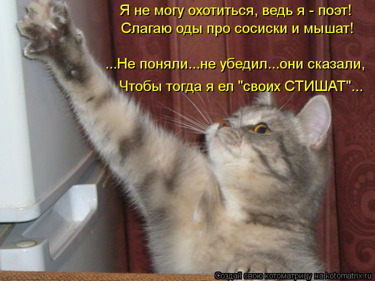 Я не могу охотиться, ведь я - поэт! Слагаю оды про сосиски и мышат! ...Не поняли...не убедил...они ск... Котоматрица: Я не могу охотиться, ведь я - поэт! Слагаю оды про сосиски и мышат! ...Не поняли...не убедил...они сказали, Чтобы тогда я ел "своих СТИШАТ"...