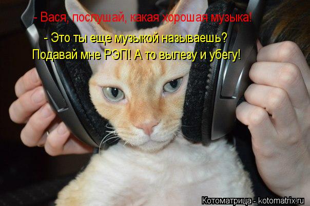 - Вася, послушай, какая хорошая музыка! - Это ты еще музыкой называешь? Подавай мне РЭП! А то вылезу... Котоматрица: - Вася, послушай, какая хорошая музыка! - Это ты еще музыкой называешь? Подавай мне РЭП! А то вылезу и убегу!