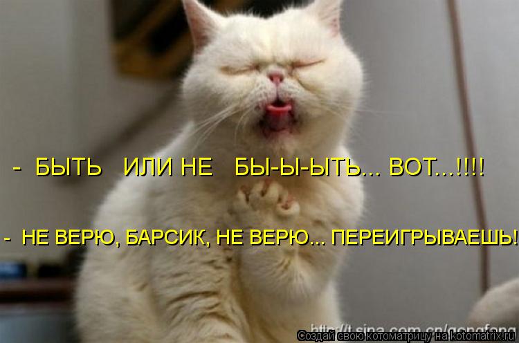 - НЕ ВЕРЮ, БАРСИК, НЕ ВЕРЮ... ПЕРЕИГРЫВАЕШЬ! - БЫТЬ ИЛИ НЕ БЫ-Ы-ЫТЬ... ВОТ...!!!!... Котоматрица: - НЕ ВЕРЮ, БАРСИК, НЕ ВЕРЮ... ПЕРЕИГРЫВАЕШЬ! - БЫТЬ ИЛИ НЕ БЫ-Ы-ЫТЬ... ВОТ...!!!!