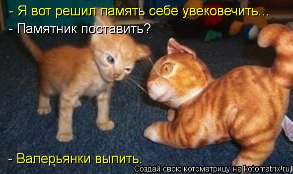 - Я вот решил память себе увековечить... - Я вот решил память себе увековечить... - Памятник поставит... Котоматрица: - Я вот решил память себе увековечить... - Я вот решил память себе увековечить... - Памятник поставить? - Валерьянки выпить.