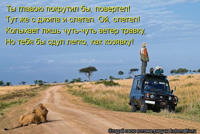 Ты главою покрутил бы, повертел! Тут же с джипа и слетел. Ой, слетел! Колыхает лишь чуть-чуть ветер т... Котоматрица: Ты главою покрутил бы, повертел! Тут же с джипа и слетел. Ой, слетел! Колыхает лишь чуть-чуть ветер травку, Но тебя бы сдул легко, как козявку!