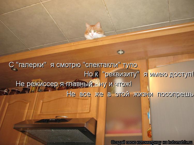 С "галерки" я смотрю "спектакли" тупо Но к "реквизиту" я имею доступ! Не режиссер я главный - ну и... Котоматрица: С "галерки" я смотрю "спектакли" тупо Но к "реквизиту" я имею доступ! Не режиссер я главный - ну и чтож! Не все же в этой жизни посопрешь