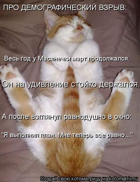 ПРО ДЕМОГРАФИЧЕСКИЙ ВЗРЫВ: Весь год у Масянечки март продолжался. Он на удивление стойко держался. ... Котоматрица: ПРО ДЕМОГРАФИЧЕСКИЙ ВЗРЫВ: Весь год у Масянечки март продолжался. Он на удивление стойко держался. А после взглянул равнодушно в окно: "Я в