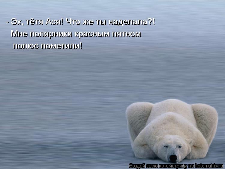- Эх, тётя Ася! Что же ты наделала?! Мне полярники красным пятном полюс пометили!... Котоматрица: - Эх, тётя Ася! Что же ты наделала?! Мне полярники красным пятном полюс пометили!
