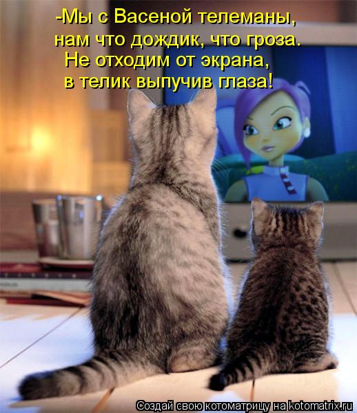 -Мы с Васеной телеманы, нам что дождик, что гроза. Не отходим от экрана, в телик выпучив глаза!... Котоматрица: -Мы с Васеной телеманы, нам что дождик, что гроза. Не отходим от экрана, в телик выпучив глаза!