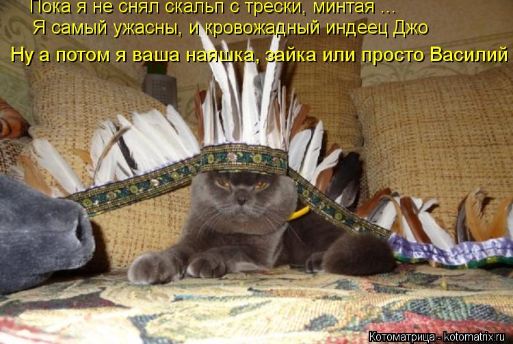 Я самый ужасны, и кровожадный индеец Джо Пока я не снял скальп с трески, минтая ... Ну а потом я ваша... Котоматрица: Я самый ужасны, и кровожадный индеец Джо Пока я не снял скальп с трески, минтая ... Ну а потом я ваша наяшка, зайка или просто Василий