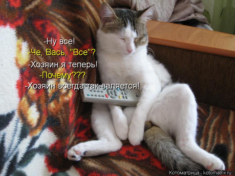 -Ну все! -Че, Вась, "Все"? -Хозяин я теперь! -Почему??? -Хозяин всегда так валяется!... Котоматрица: -Ну все! -Че, Вась, "Все"? -Хозяин я теперь! -Почему??? -Хозяин всегда так валяется!