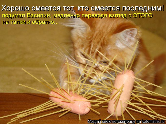 Хорошо смеется тот, кто смеется последним! подумал Василий, медленно переводя взгляд с ЭТОГО на тапки... Котоматрица: Хорошо смеется тот, кто смеется последним! подумал Василий, медленно переводя взгляд с ЭТОГО на тапки и обратно...