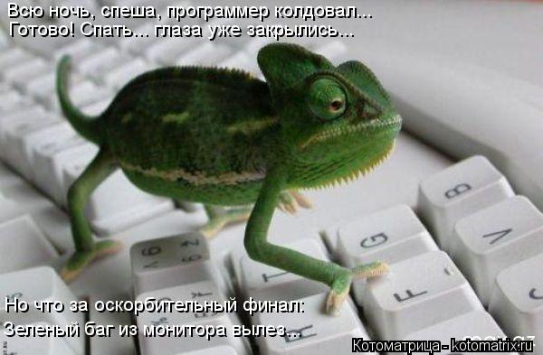 Всю ночь, спеша, программер колдовал... Готово! Спать... глаза уже закрылись... Но что за оскорбитель... Котоматрица: Всю ночь, спеша, программер колдовал... Готово! Спать... глаза уже закрылись... Но что за оскорбительный финал: Зеленый баг из монитора вылез...