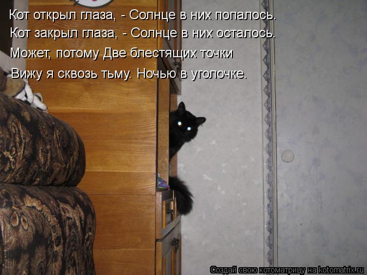 Кот открыл глаза, - Солнце в них попалось. Кот закрыл глаза, - Солнце в них осталось. Может, потом... Котоматрица: Кот открыл глаза, - Солнце в них попалось. Кот закрыл глаза, - Солнце в них осталось. Может, потому Две блестящих точки Вижу я сквозь тьму. Но
