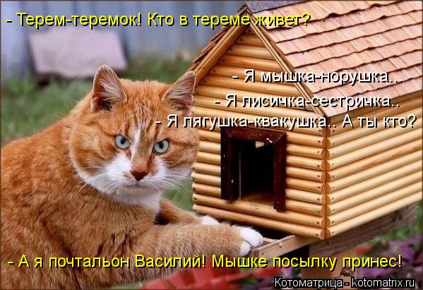 - Терем-теремок! Кто в тереме живет? - Я мышка-норушка... - Я лягушка-квакушка.. А ты кто? - А я почт... Котоматрица: - Терем-теремок! Кто в тереме живет? - Я мышка-норушка... - Я лягушка-квакушка.. А ты кто? - А я почтальон Василий! Мышке посылку принес! - Я лисичка