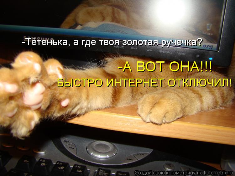 -Тётенька, а где твоя золотая ручечка? -А ВОТ ОНА!!! БЫСТРО ИНТЕРНЕТ ОТКЛЮЧИЛ!... Котоматрица: -Тётенька, а где твоя золотая ручечка? -А ВОТ ОНА!!! БЫСТРО ИНТЕРНЕТ ОТКЛЮЧИЛ!