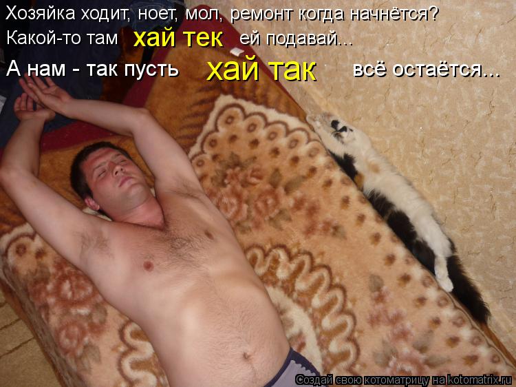 Хозяйка ходит, ноет, мол, ремонт когда начнётся? Какой-то там ей подавай... хай ... Котоматрица: Хозяйка ходит, ноет, мол, ремонт когда начнётся? Какой-то там ей подавай... хай тек А нам - так пусть всё остаётся... х