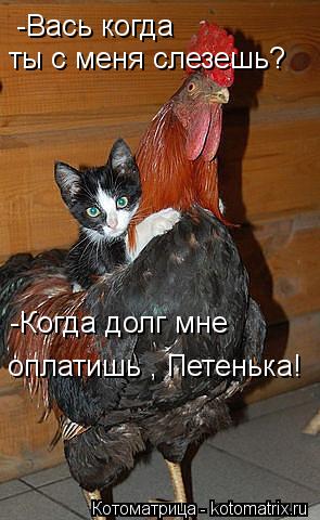 -Вась когда ты с меня слезешь? -Когда долг мне оплатишь , Петенька!... Котоматрица: -Вась когда ты с меня слезешь? -Когда долг мне оплатишь , Петенька!