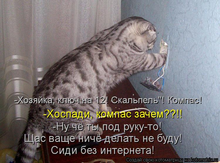 -Хозяйка, ключ на 12! Скальпель"! Компас! -Хоспади, компас зачем??!! -Ну чё ты под руку-то! Щас ваще... Котоматрица: -Хозяйка, ключ на 12! Скальпель"! Компас! -Хоспади, компас зачем??!! -Ну чё ты под руку-то! Щас ваще ничё делать не буду! Сиди без интернета!