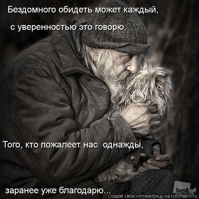 Бездомного обидеть может каждый, с уверенностью это говорю. Того, кто пожалеет нас однажды, заране... Котоматрица: Бездомного обидеть может каждый, с уверенностью это говорю. Того, кто пожалеет нас однажды, заранее уже благодарю...