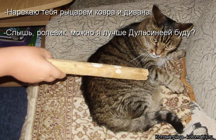 -Нарекаю тебя рыцарем ковра и дивана! -Слышь, ролевик, можно я лучше Дульсинеей буду?... Котоматрица: -Нарекаю тебя рыцарем ковра и дивана! -Слышь, ролевик, можно я лучше Дульсинеей буду?