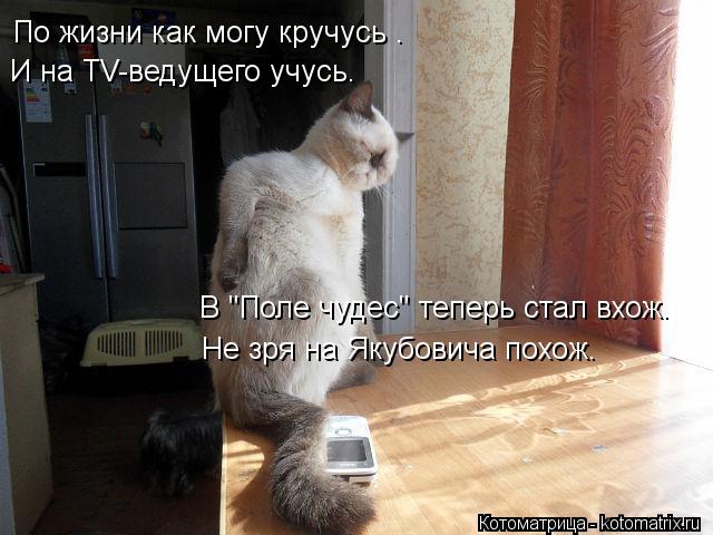Не зря на Якубовича похож. По жизни как могу кручусь . И на TV-ведущего учусь. В "Поле чудес" теперь ... Котоматрица: Не зря на Якубовича похож. По жизни как могу кручусь . И на TV-ведущего учусь. В "Поле чудес" теперь стал вхож.