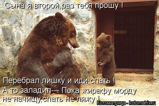 Сына я второй раз тебя прошу ! Перебрал лишку и иди спать ! А то заладил--- Пока жирафу морду не на... Котоматрица: Сына я второй раз тебя прошу ! Перебрал лишку и иди спать ! А то заладил--- Пока жирафу морду не начищу,спать не ляжу !