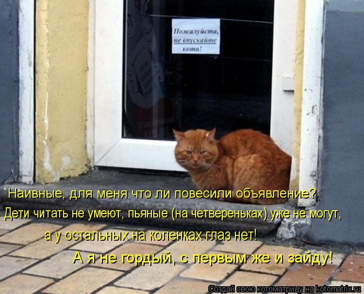Наивные, для меня что ли повесили объявление? А я не гордый, с первым же и зайду! Дети читать не умею... Котоматрица: Наивные, для меня что ли повесили объявление? А я не гордый, с первым же и зайду! Дети читать не умеют, пьяные (на четвереньках) уже не могут, а