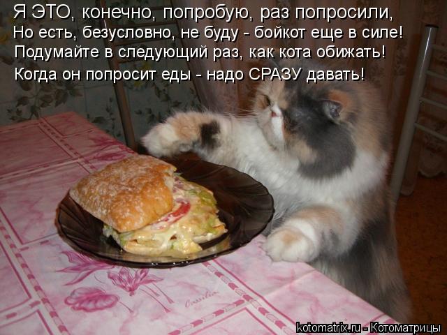 Я ЭТО, конечно, попробую, раз попросили, Но есть, безусловно, не буду - бойкот еще в силе! Подумайте ... Котоматрица: Я ЭТО, конечно, попробую, раз попросили, Но есть, безусловно, не буду - бойкот еще в силе! Подумайте в следующий раз, как кота обижать! Когда он