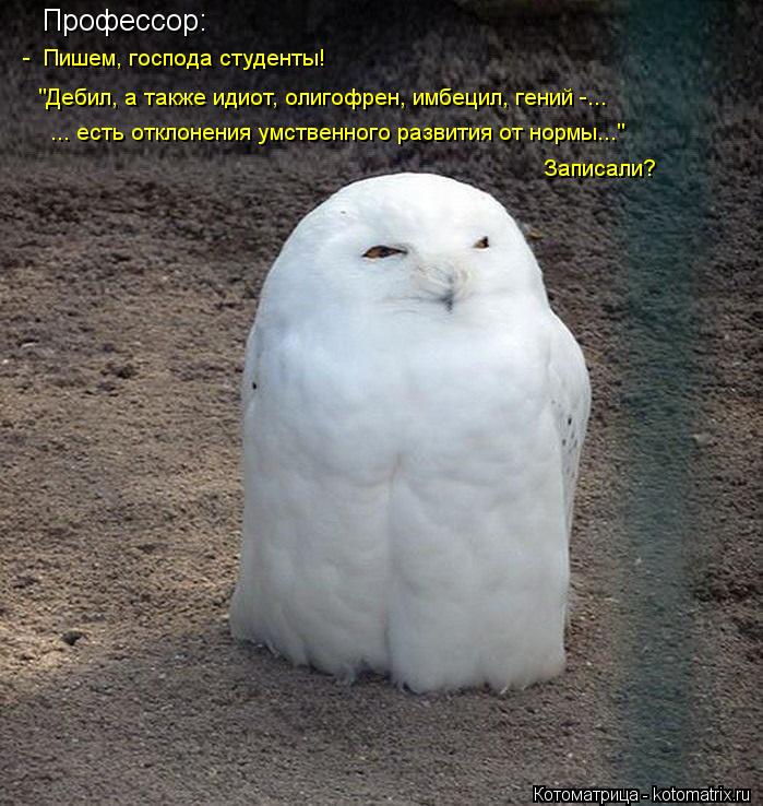 Записали? - Пишем, господа студенты! Профессор: "Дебил, а также идиот, олигофрен, имбецил, гений -..... Котоматрица: Записали? - Пишем, господа студенты! Профессор: "Дебил, а также идиот, олигофрен, имбецил, гений -... ... есть отклонения умственного развития от