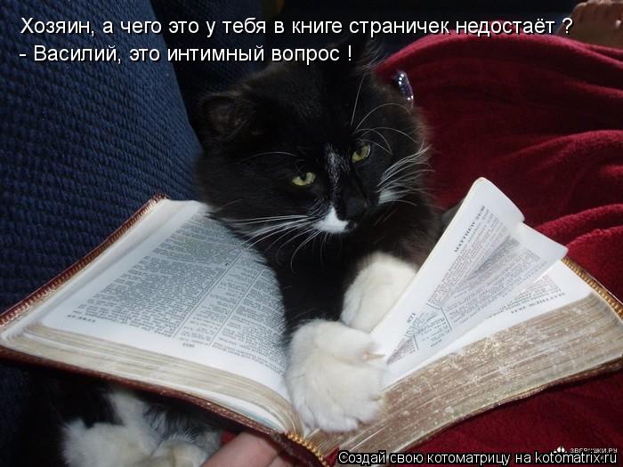 Хозяин, а чего это у тебя в книге страничек недостаёт ? - Василий, это интимный вопрос !... Котоматрица: Хозяин, а чего это у тебя в книге страничек недостаёт ? - Василий, это интимный вопрос !