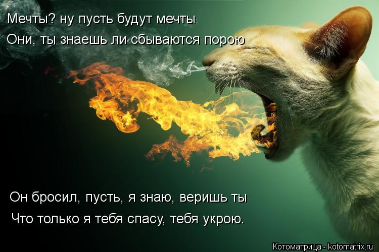 Мечты? ну пусть будут мечты Они, ты знаешь ли сбываются порою Он бросил, пусть, я знаю, веришь ты Что... Котоматрица: Мечты? ну пусть будут мечты Они, ты знаешь ли сбываются порою Он бросил, пусть, я знаю, веришь ты Что только я тебя спасу, тебя укрою.