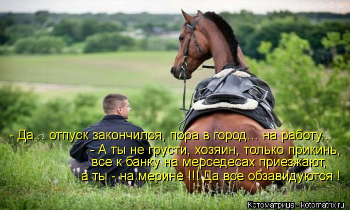 - А ты не грусти, хозяин, только прикинь, - Да... отпуск закончился, пора в город... на работу... все... Котоматрица: - А ты не грусти, хозяин, только прикинь, - Да... отпуск закончился, пора в город... на работу... все к банку на мерседесах приезжают, а ты - на мери